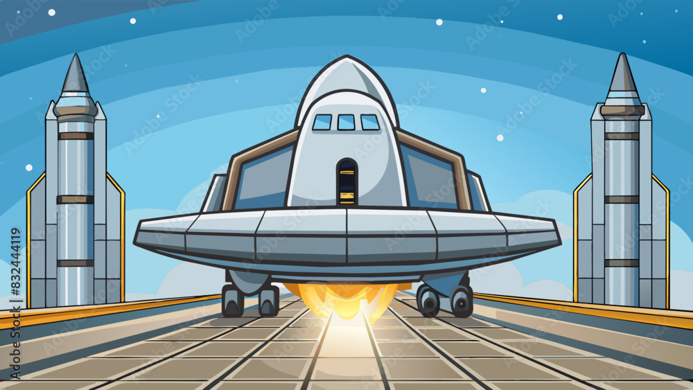 Poster a sleek silver spaceship rests on the launchpad its polished exterior gleaming in the sunlight. the 