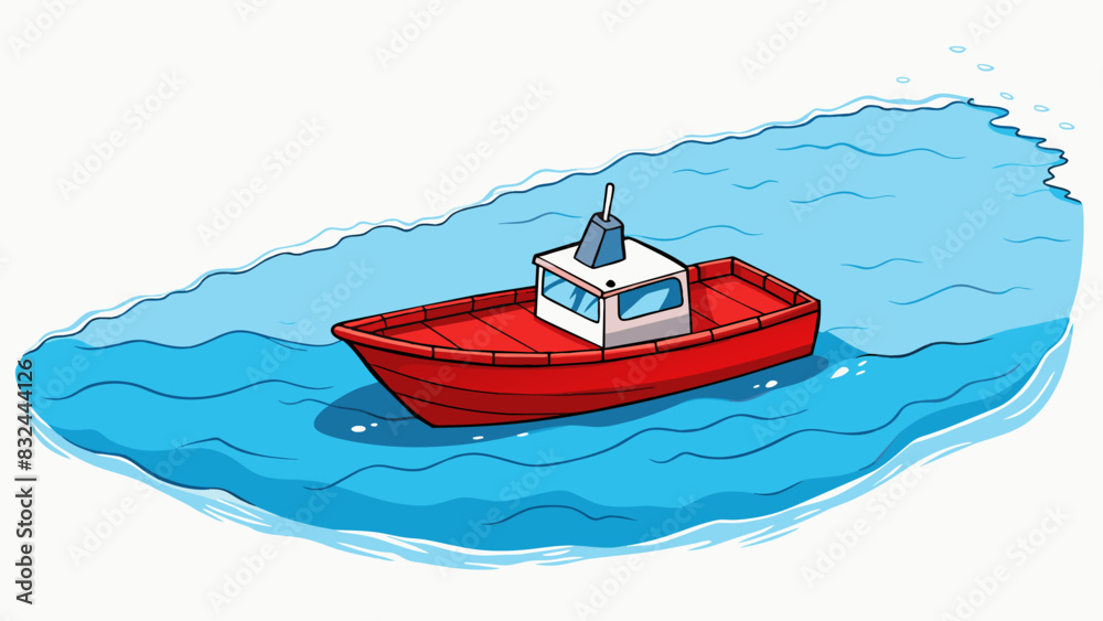 Poster a small boat bobs in the middle of a vast ocean with no land in sight. its bright red paint is chipp