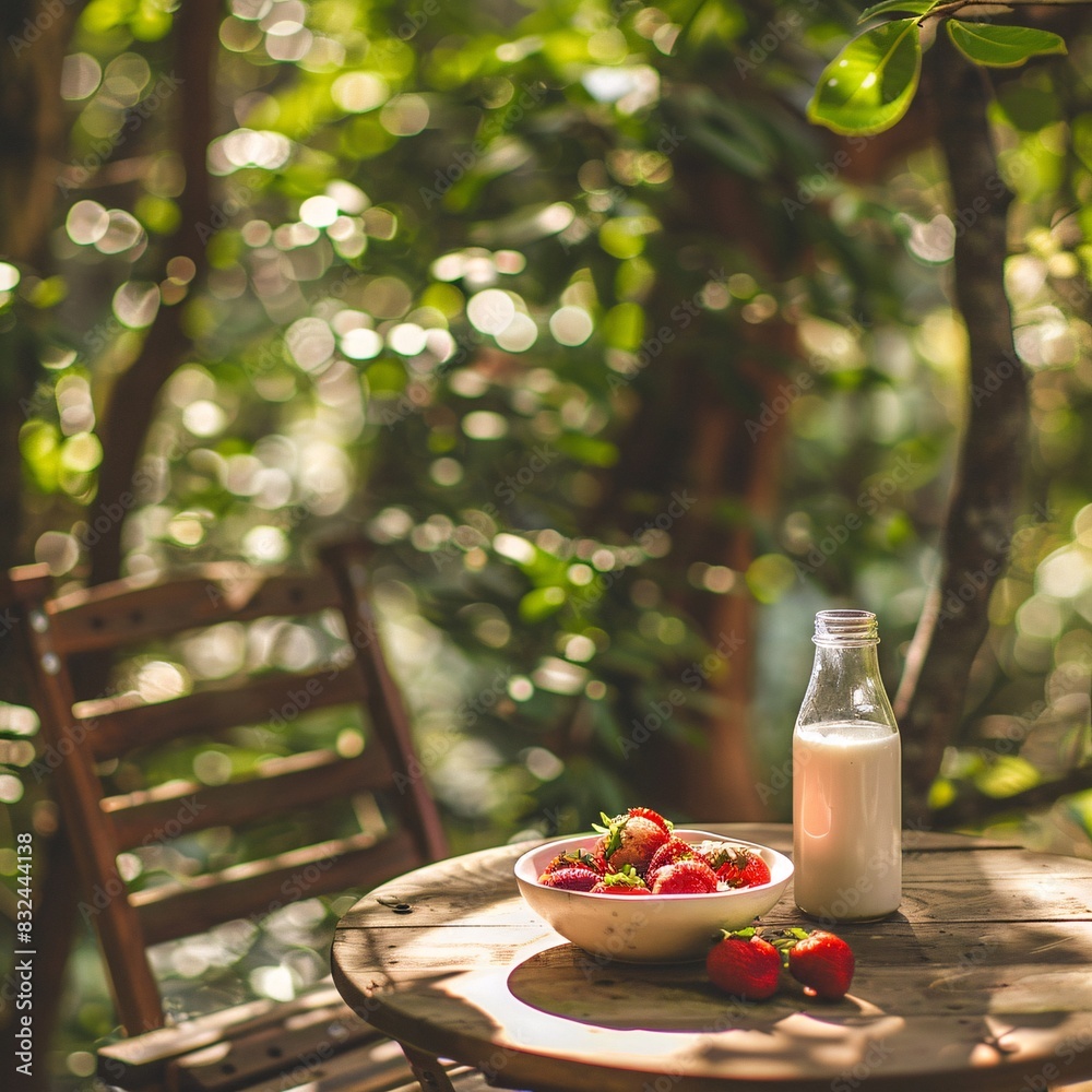 Sticker outdoor dining scene glass of milk and bowl of straeberries