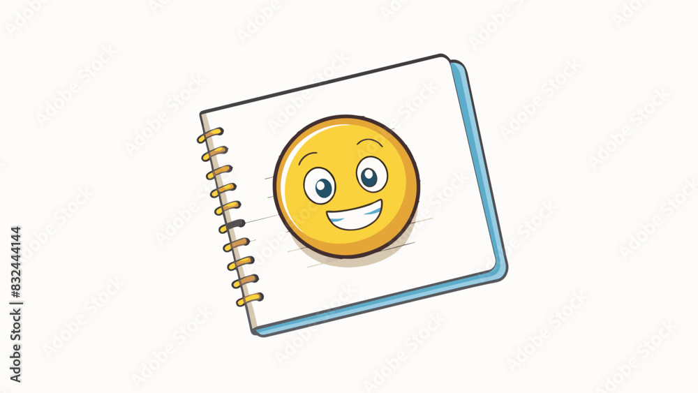 Poster A small circular sticker with a smiley face strategically p on the top left corner of a blank notebook page marking an upcoming meeting with a. Cartoon Vector.