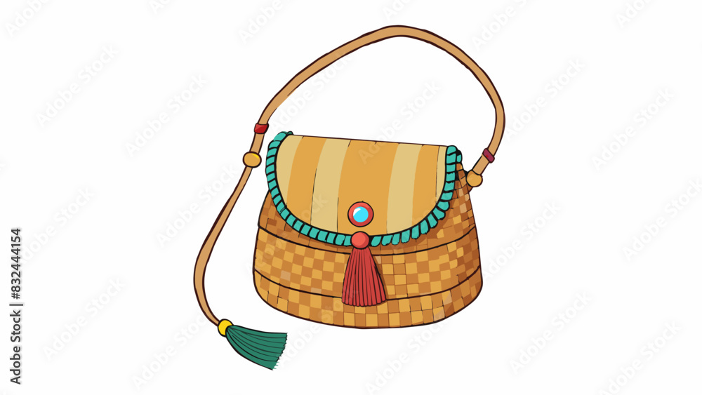 Poster a small crossbody bag made from woven straw material. it has a flap closure with a wooden button giv