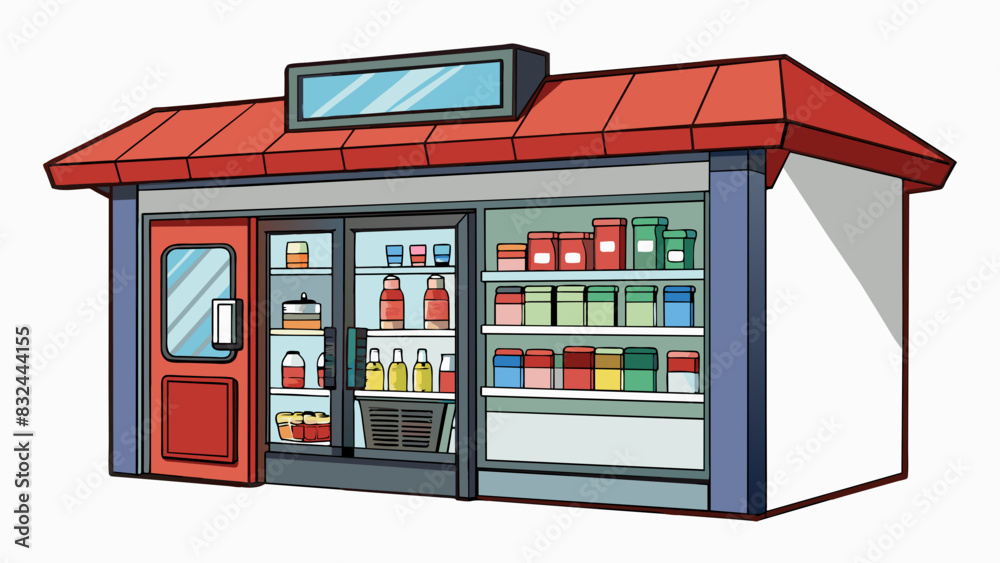 Aufkleber a small convenience store with a glass door refrigerator filled with cold drinks and shelves lined w