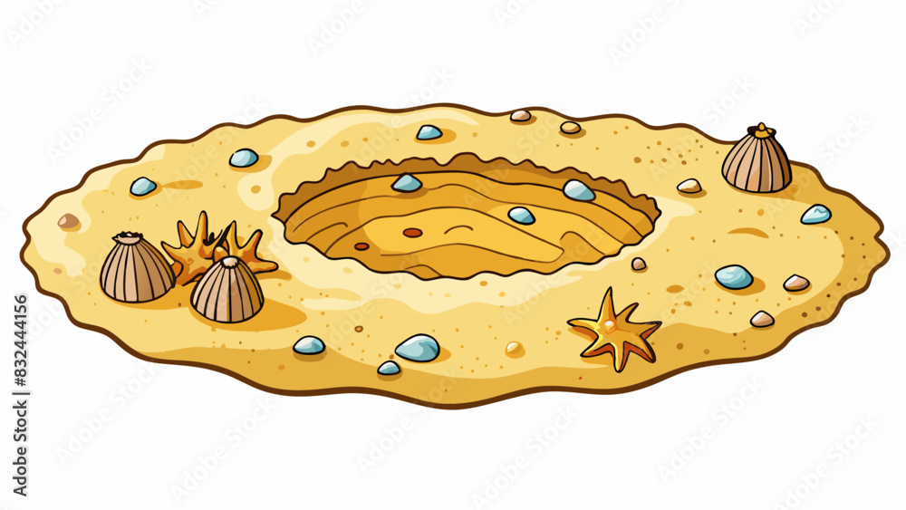 Poster A small deep hole in the sand on the beach filled with tiny seashells and surrounded by a series of intricate footprints.. Cartoon Vector.