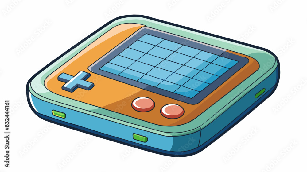 Poster A small handheld device with a screen divided into a grid of squares and a set of buttons below. It has a sleek plastic casing and emits a soft light. Cartoon Vector.