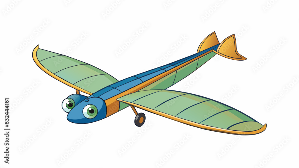 Poster A small glider with a narrow curved frame and two long and thin wings that sweep back. It has a single small pit in the middle and a small fin at the. Cartoon Vector.