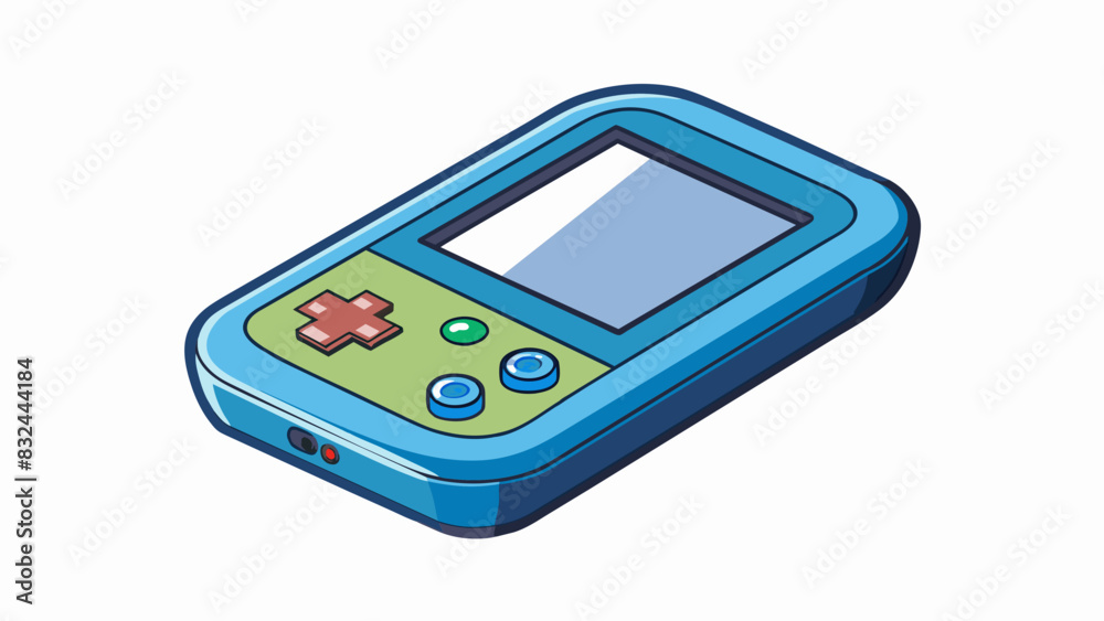 Poster A small handheld device with a glowing screen displaying various icons and symbols. The device has a smooth plastic casing and fits comfortably in. Cartoon Vector.