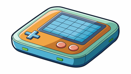 A small handheld device with a screen divided into a grid of squares and a set of buttons below. It has a sleek plastic casing and emits a soft light. Cartoon Vector.