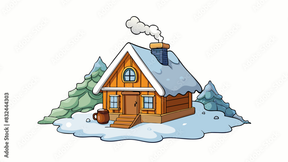 Poster a small rustic cabin sits atop a snowcovered mountain. smoke billows out of the chimney and the only