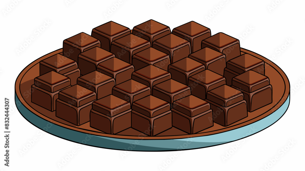 Poster A small round tray holds multiple cubes of dark brown chocolate. Each cube is compact and dense with intricate designs imprinted on the surface. Made. Cartoon Vector.