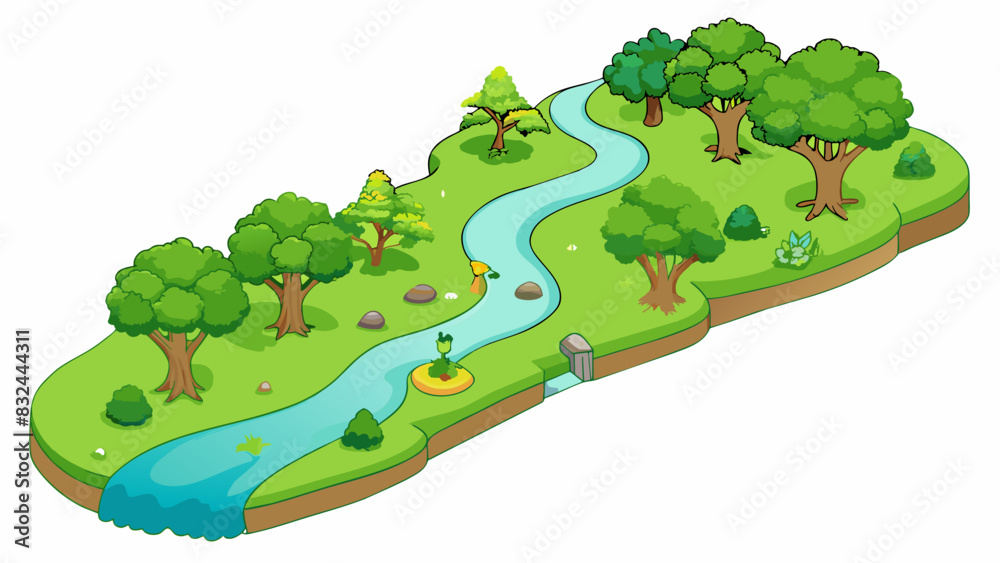 Poster a small river winding through a lush green forest providing a home and source of hydration for vario