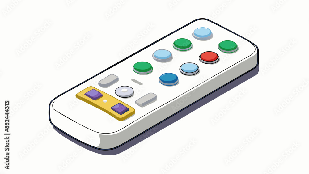 Fototapete A small white remote control with various colored buttons that allows you to change the channels and volume on a television.. Cartoon Vector.