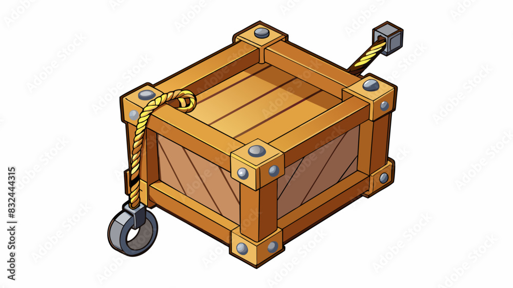 Poster A small rectangular wooden box attached to a rope and pulley system used to lift and lower heavy objects from a mine shaft.. Cartoon Vector.
