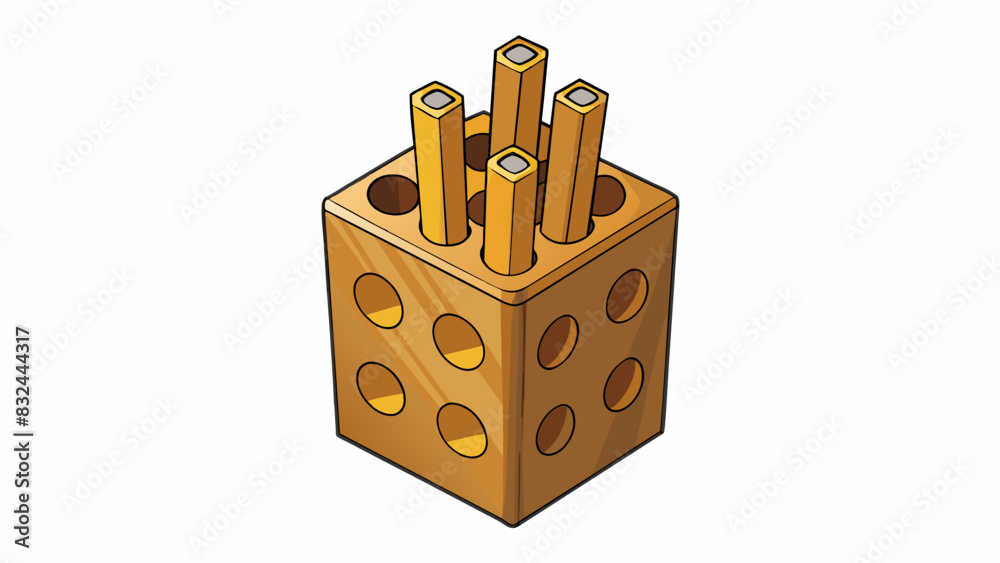 Poster A small wooden rectangular object with six evenly spaced holes along the top. It has a rough unfinished surface and is used to hold pencils pens and. Cartoon Vector.
