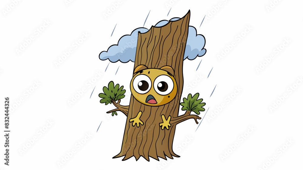 Poster A small trembling creature with wide scared eyes hiding behind a tall tree afraid of the loud thunder and lightning in the stormy night sky.. Cartoon Vector.