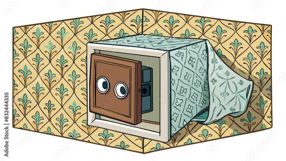 Poster a small safe hidden in the wall with a discreet cover camouflaged with the surrounding wallpaper.. c