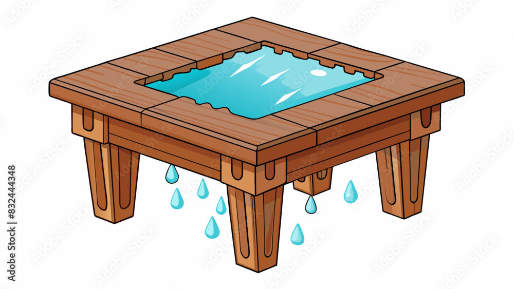 Sticker a small wooden table with a deep crack down the middle. it is covered in a thick layer of pooling in