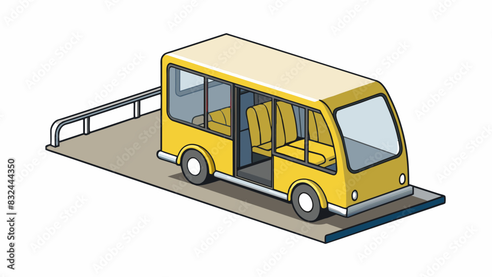 Poster a small yellow bus with a wheelchair ramp on one side and a tall narrow door on the other. it has sh