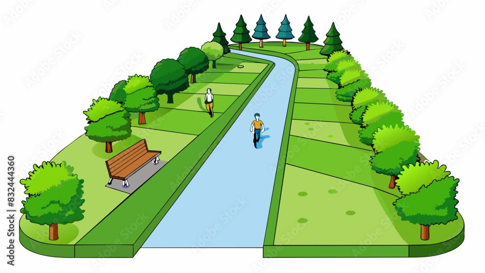 Poster A smooth paved path stretching through a lush green park bordered by neatly trimmed hedges and benches. Bicycles and joggers can be seen using the. Cartoon Vector.