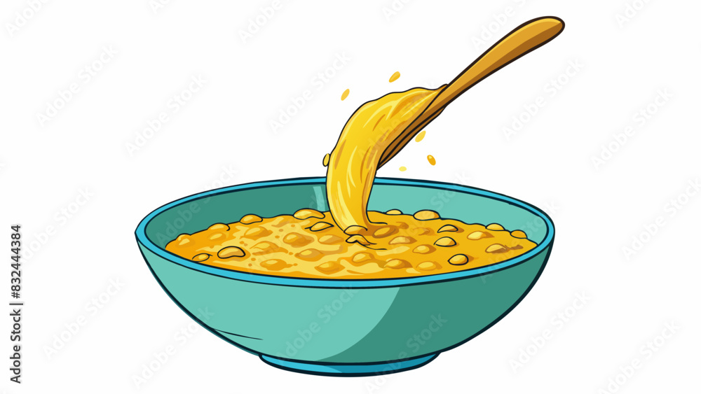 Poster A smooth velvety liquid poured into a cereal bowl creating a swirling pattern as it combines with the grains.. Cartoon Vector.