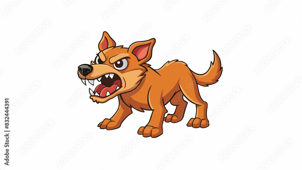 Poster a snarling growling dog with d teeth and raised fur ready to attack.. cartoon vector.