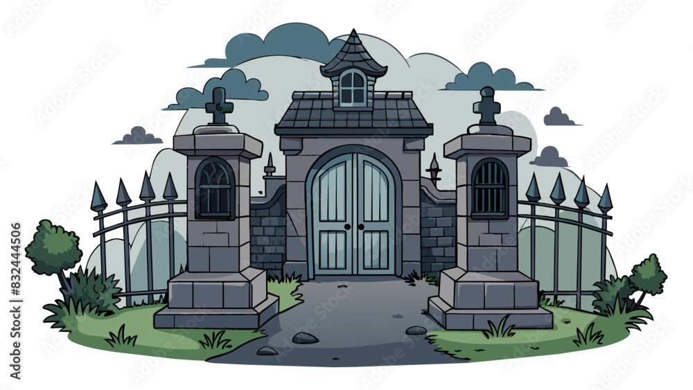 Aufkleber a spooky atmosphere with dark heavy fog enveloping an old abandoned mansion. the moon hangs low in t