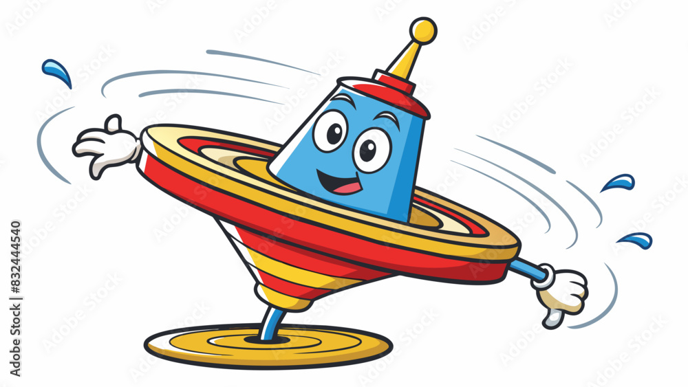 Poster A spinning top moving faster and faster as it loses its balance and begins to wobble. The sharp dizzying revolutions mimic the chaotic and. Cartoon Vector.