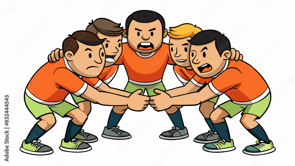 Poster A sports team huddle with hands intertwined and focused facial expressions demonstrating teamwork and dedication to a shared goal.. Cartoon Vector.