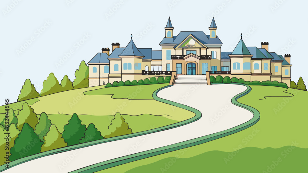 Poster a sprawling mansion situated on top of a hill with a long winding driveway and a large gated entranc