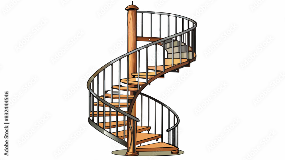 Poster A spiral staircase with a wrought iron frame and wooden steps. The metal railings are intricately designed with delicate scrolls and curls. The. Cartoon Vector.