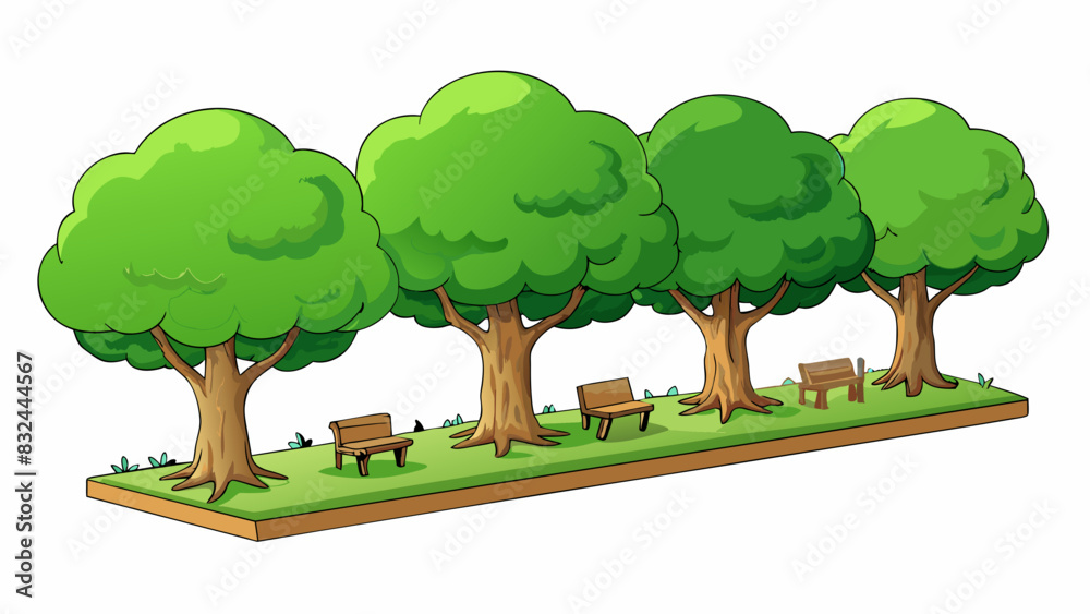 Aufkleber A sprawling lush garden with four tall sy oak trees standing in a row. The fourth tree had the largest trunk its gnarled bark creating a cozy nook for. Cartoon Vector.