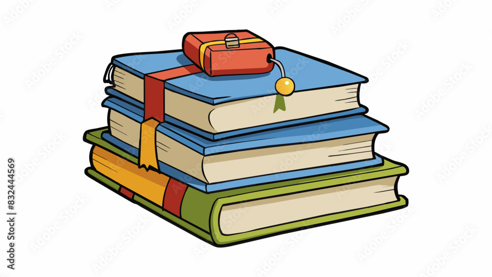 Poster A stack of books neatly organized on a shelf at a local library. Some are old and worn while others are shiny and new. A small note is pinned to one. Cartoon Vector.