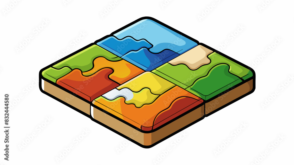Poster A squareshaped puzzle consisting of multiple pieces in various colors. The pieces are all different shapes and sizes and they fit together to form a. Cartoon Vector.