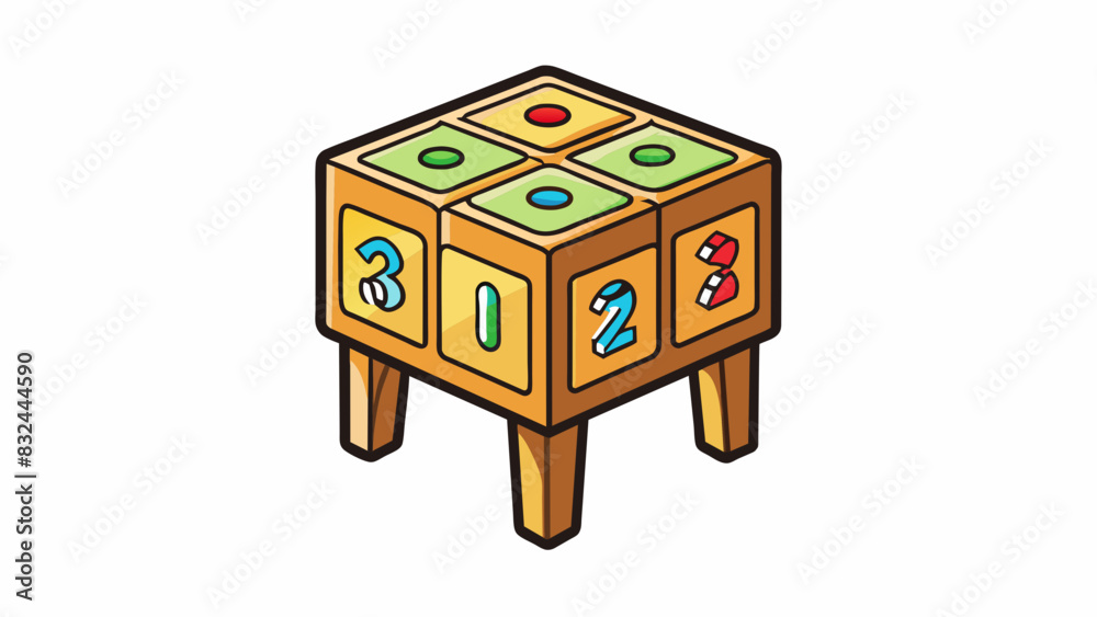 Aufkleber A square wooden block with four short legs and colorful pictures and numbers on each side. Its lightweight and easy to stack and manipulate.. Cartoon Vector.