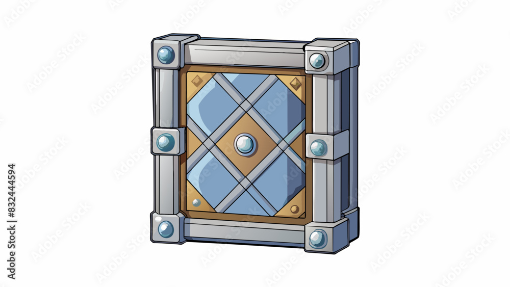Aufkleber A square panel made of metal with a shiny silver finish and intricate geometric patterns etched all over it. It has a small door with a latch on one. Cartoon Vector.