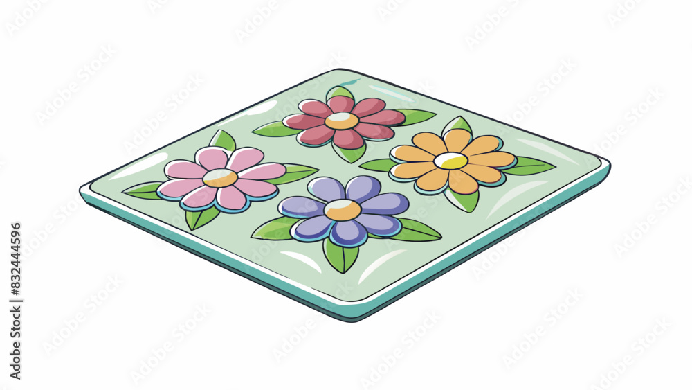 Poster a square plate made of clear glass featuring a delicate pattern of colorful flowers all over its sur