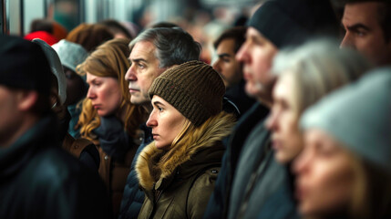 Fototapeta premium A crowd of people is standing in line. Waiting for transport at a bus stop. Close-up