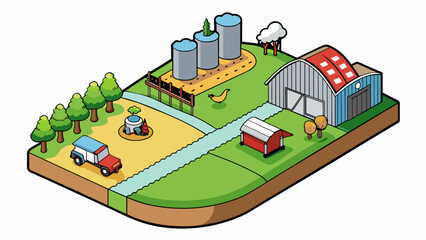 A sprawling agricultural farm with fields of crops and livestock. The manufacturer produces organic and sustainable products using environmentally. Cartoon Vector.