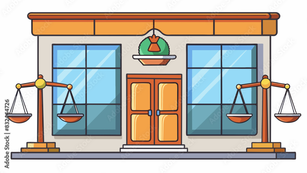 Poster a storefront adorned with a plaque of a balance scale and legal symbols indicating it is a solicitor