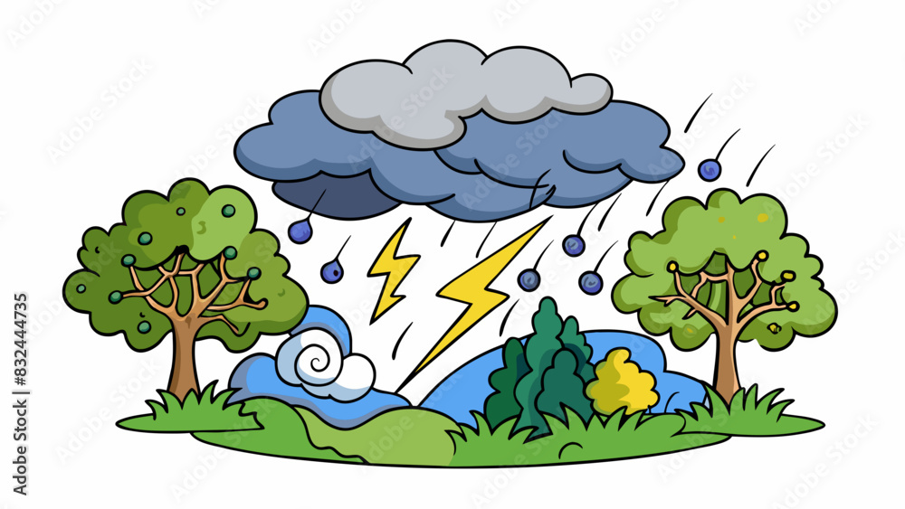Poster a stormy afternoon with thick dark clouds covering the sky. the wind is howling and rain is pouring 