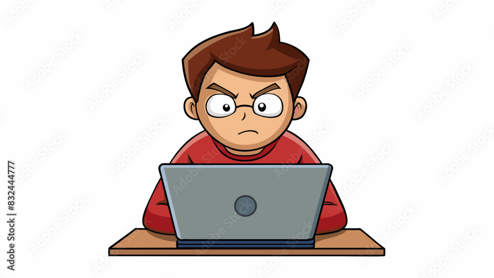 Poster A student intently focused on their laptop screen with furrowed brows and a concentrated expression.. Cartoon Vector.
