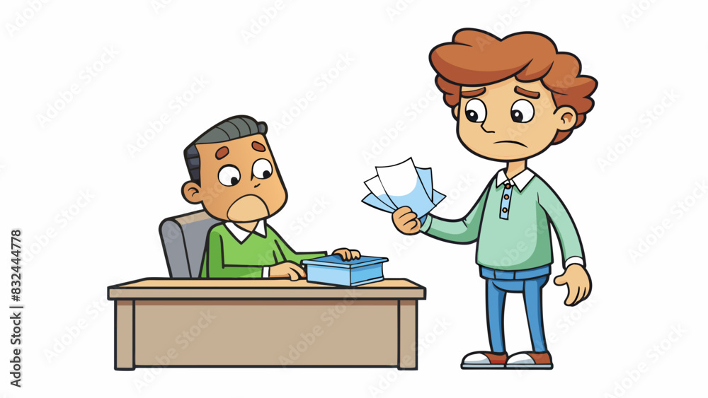 Poster A student is seen approaching the teachers desk with a cled and torn test paper complaining about the difficult and confusing questions asked in the. Cartoon Vector.