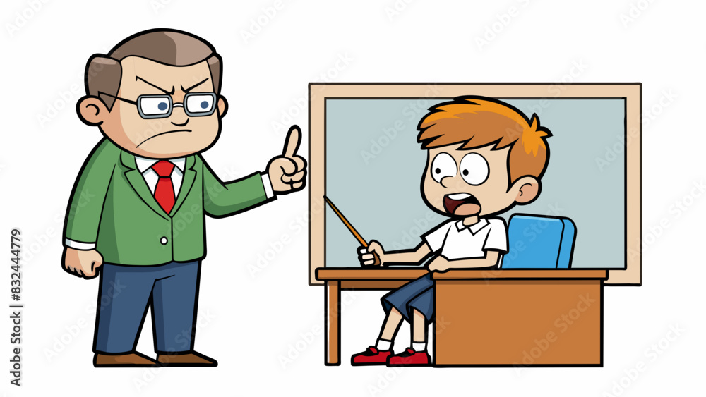 Poster A student assuming that their teacher is always gy and unfair because they once saw them scolding another student in class.. Cartoon Vector.