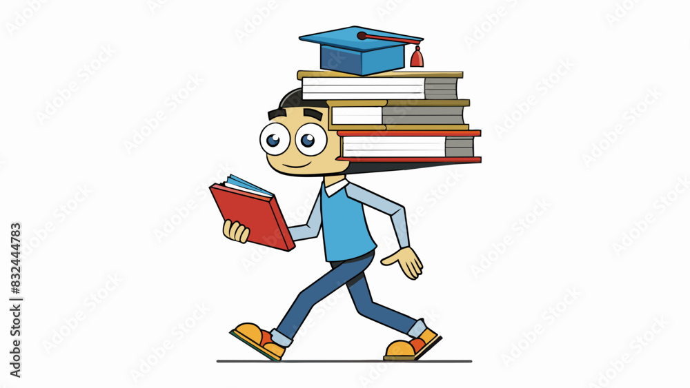 Poster A student carefully stacks books on their head trying to walk in a straight line without letting them fall showcasing balance and coordination.. Cartoon Vector.