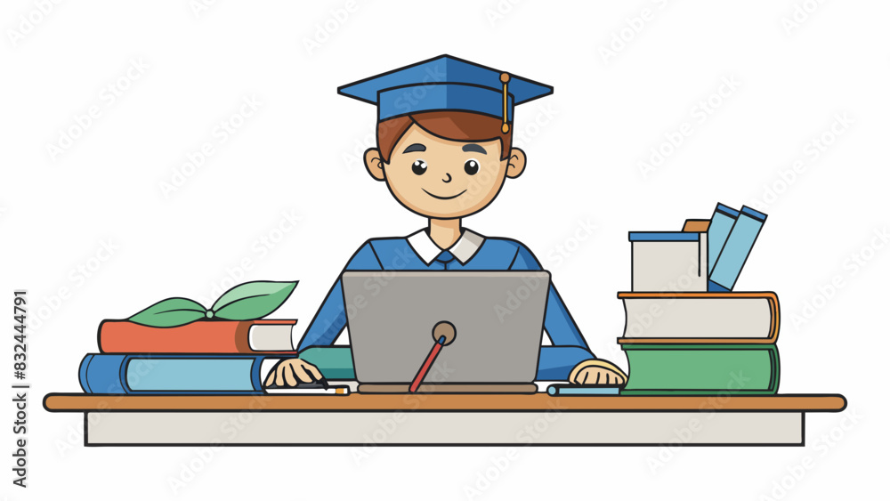 Aufkleber a student committing to their studies a person sits at a desk surrounded by textbooks notebooks and 