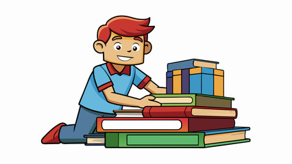 A student moving books from one shelf to another sorting and organizing them by subject or author.. Cartoon Vector.