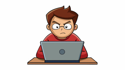 A student intently focused on their laptop screen with furrowed brows and a concentrated expression.. Cartoon Vector.
