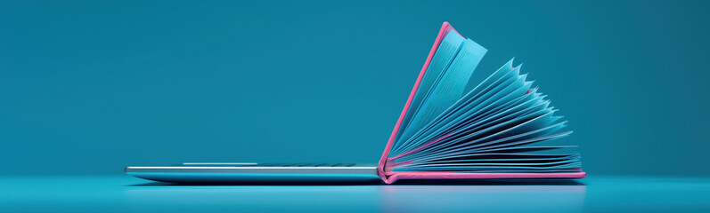 Open laptop with a book integrated into the screen.