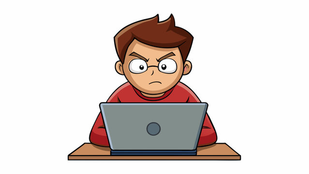 A student intently focused on their laptop screen with furrowed brows and a concentrated expression.. Cartoon Vector.