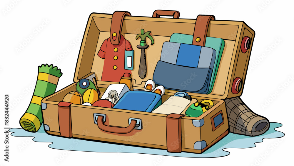 Poster a suitcase sits open on a wooden floor filled to the brim with wellworn clothes and souvenirs collec