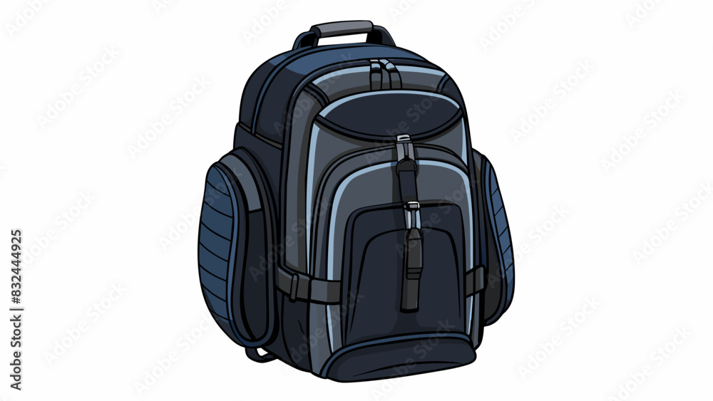 Poster A sy backpack with multiple zippered pockets for organization made of durable black fabric and padded ss for comfortable wear.. Cartoon Vector.